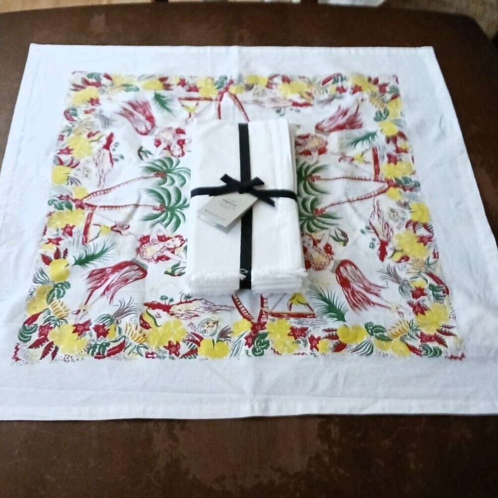 Vintage Hawaiin Cotton Table Scarf 24"x24" + New West Elm Linen Napkins 20"x20"
